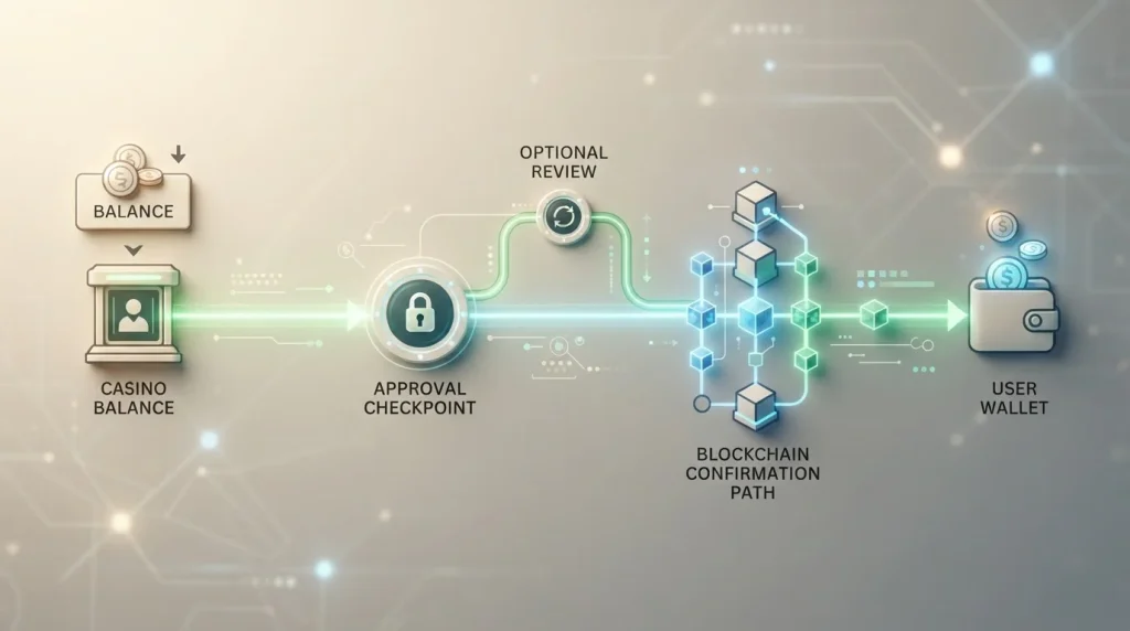 A crypto withdrawal moving from a casino balance through review and blockchain confirmation stages
