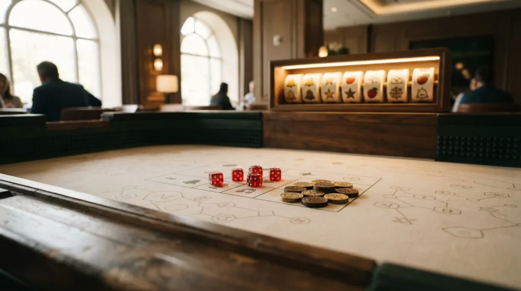 Casino dice beside a cryptographic check pattern and a small row of slot-style game tiles