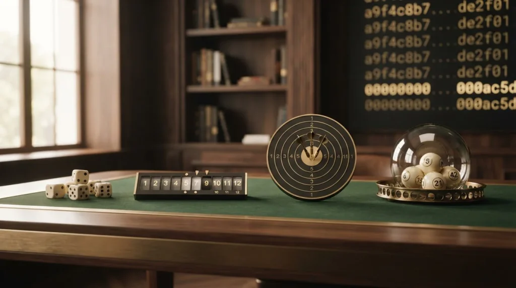 Casino game motifs showing dice and a numeric range