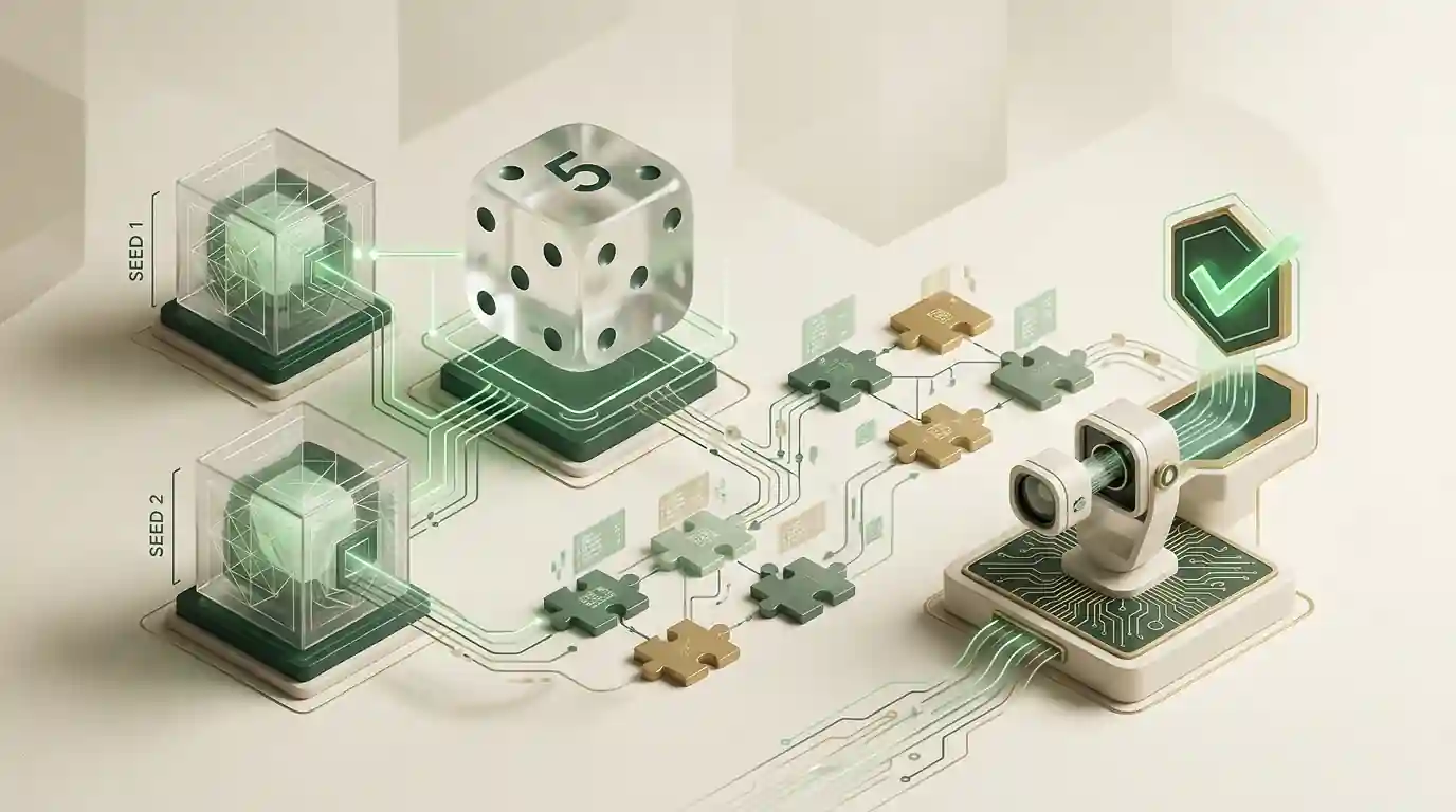 A dice result linked to seed blocks and a cryptographic hash